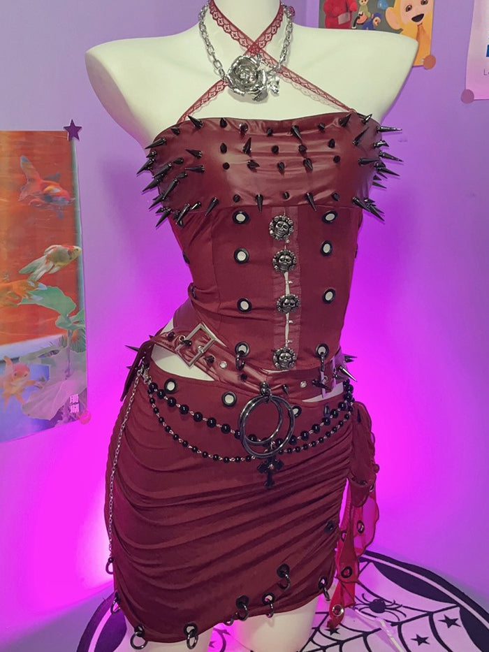 Top + Punk Studs Mini Set Skirt Red