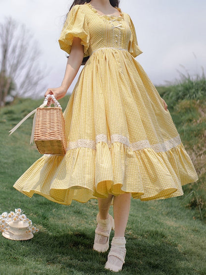 Plaid Lolita Yellow One Sleeves Neckline with Short Piece and Puff Square Sweet