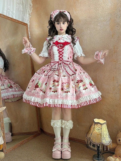 Bows Sweet Skirt and Dessert Lolita Jumper Print Strawberry Pink