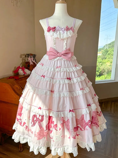 Skirt Sweet Pink Cute and Dress Jumper Bows Print Lolita Bunny