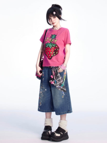 Vintage T-Shirt Rose Rot Rundhals Erdbeerdruck