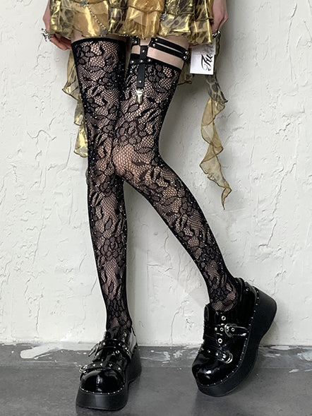 Pattern Y2K Stockings Overknee Rhinestone Floral Black