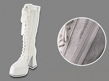 Gothic White Front Lace-up Ties Lace Platform High Block Heel  Knee-high Boots