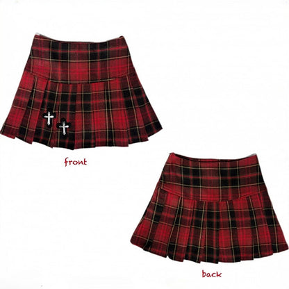 Gothic Red Cross Charms Plaid Woolen Pleated Mini Skirt