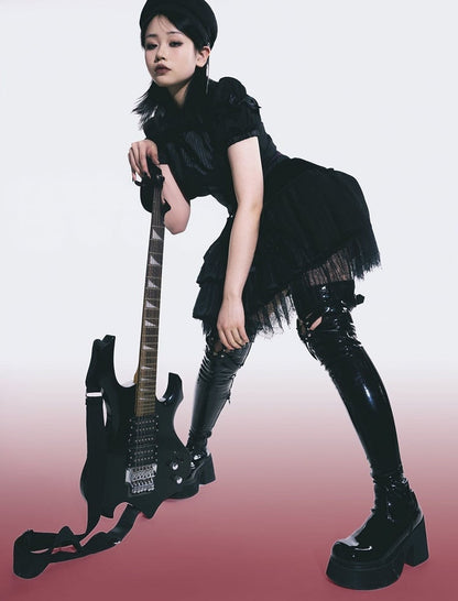 Polished Black Heart-shaped Cutout Detail Gothic Thigh-high Boots