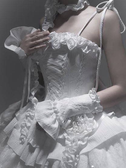 Robe gothique Lolita à col en V et manches papillons, motif ange et roses blanches