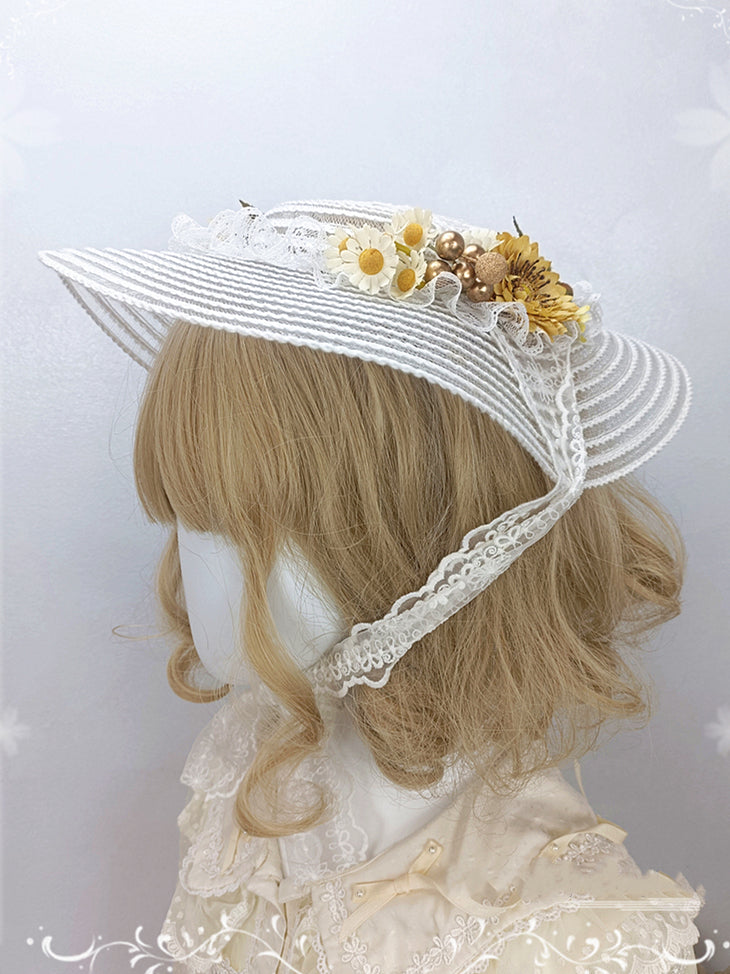 Floral Design Lace Trim White Vintage Hat