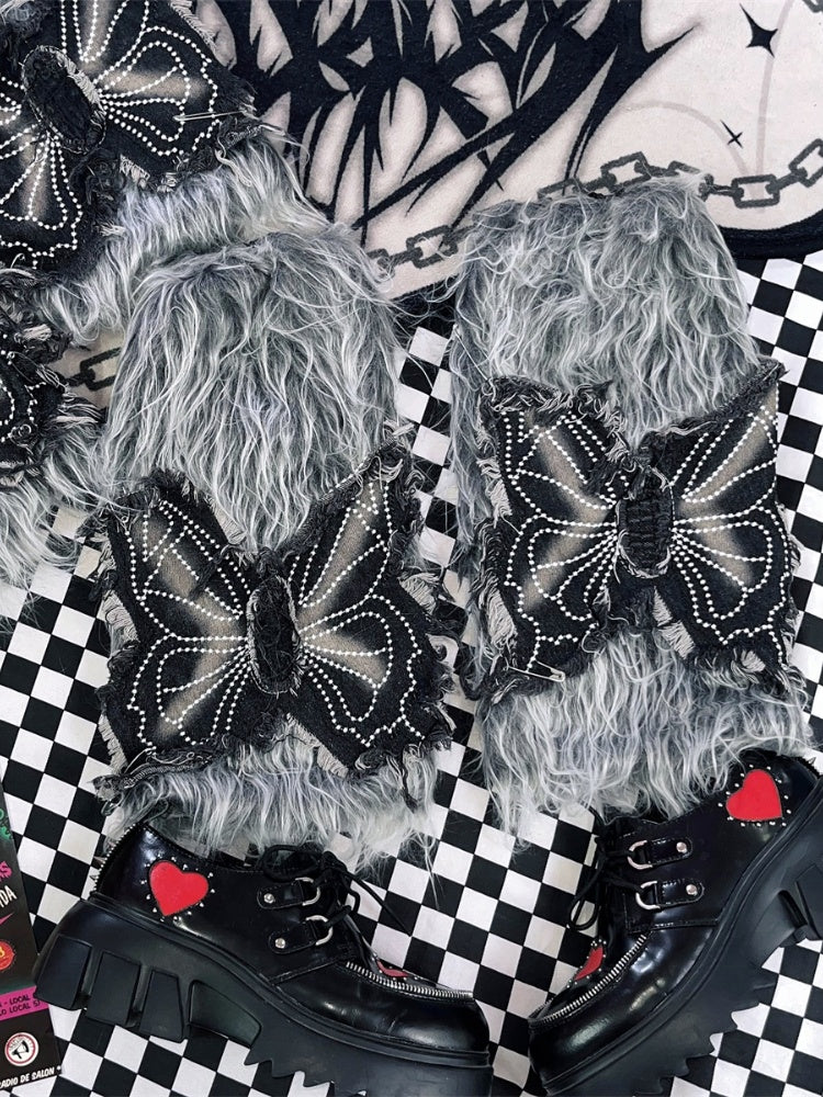 Grey Y2K Butterfly Applique 40CM Shaggy Leg Warmers