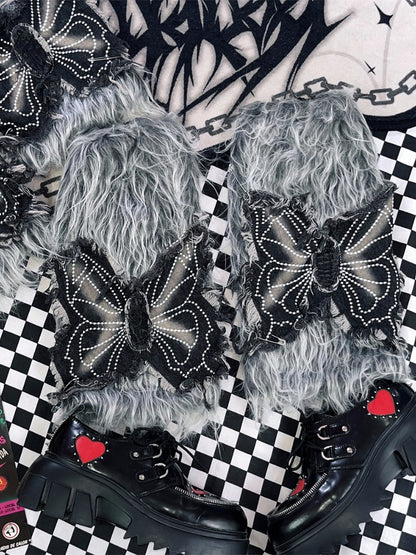 Grey Y2K Butterfly Applique 40CM Shaggy Leg Warmers