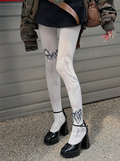 White 100D Punk Print Tights