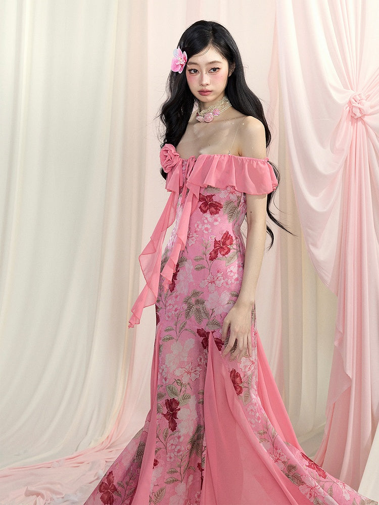 Rose Manor Pink Off-the-Shoulder Cascading Ruffle Accents Floral Chiffon Dress