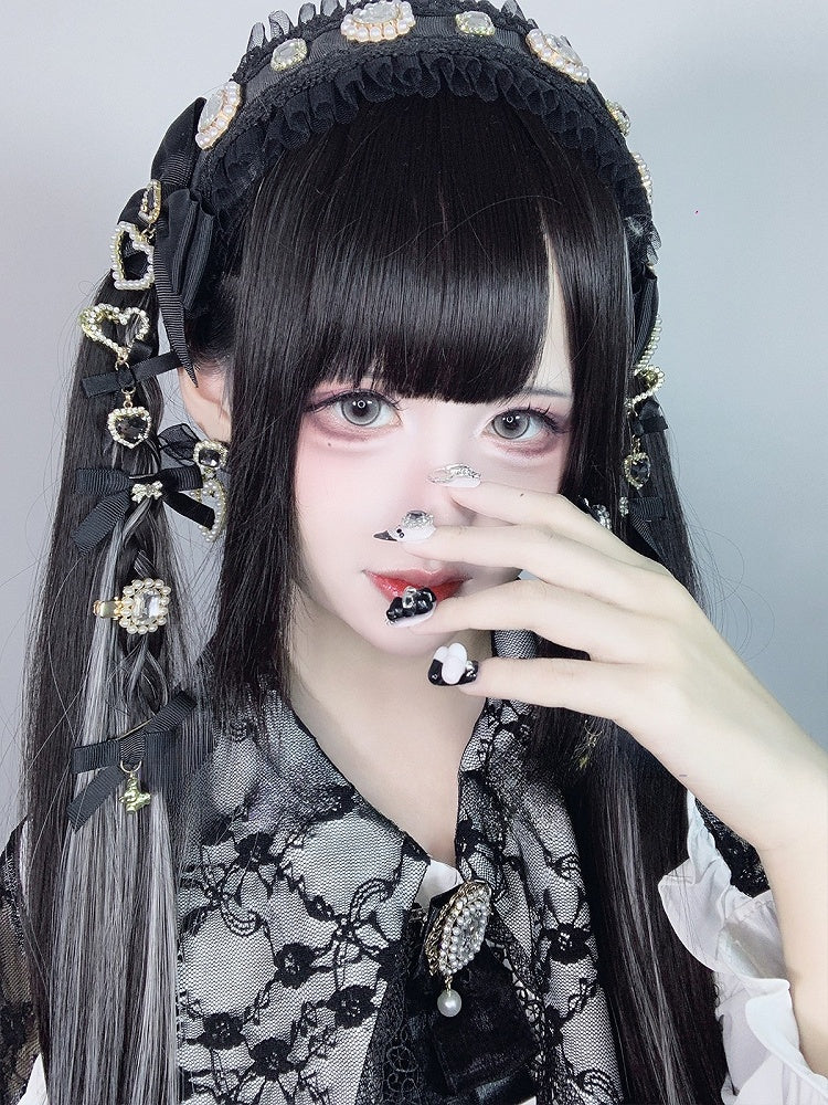 Highlight Bangs With Length And Silver Wig Black 70CM Straight