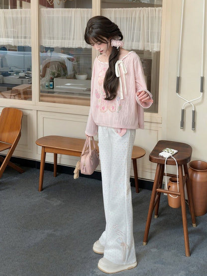 Flared Pants Polka-Dot Lace Bow Adorable Kitten Print Version Regular/Long Pink White