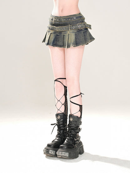 Blue Low Pleated Skirt Glamorous Waist Studded Buckle Strap Mini