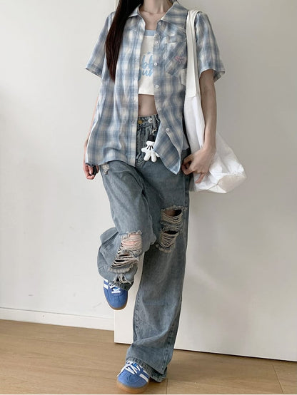 Straight-leg Jeans Blue Low Charm Free Rise Distressed Holes with