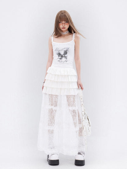 Long White Lace Skirt Hem Ruffle Tiered