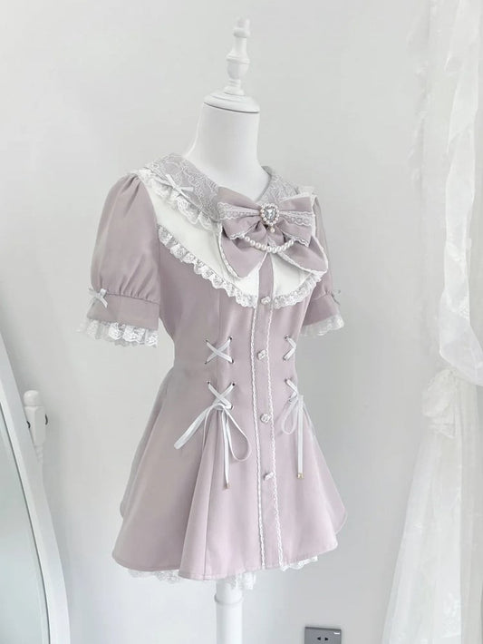 Mini Dress+Shorts Jirai Details White Lace-up Waist Rhinestones Embellished Kei Set Pink