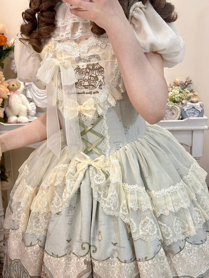 Green / Beige Boned Waist Teddy Sweet Lolita Jumper Skirt