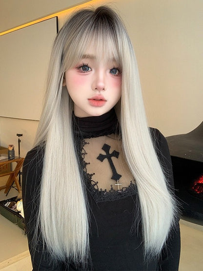 Straight Ombre Wig Length With Air 66CM Black-White Bangs