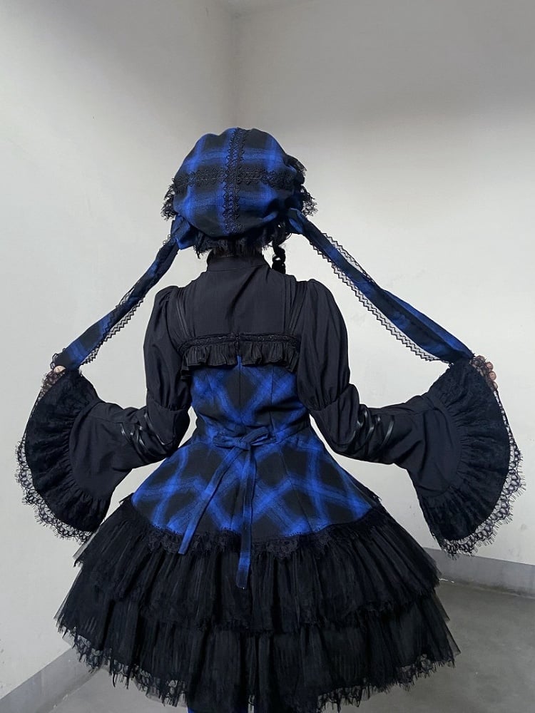 Jupe pull gothique Lolita à carreaux bleus et nœuds noirs décorés d'un ourlet à double épaisseur