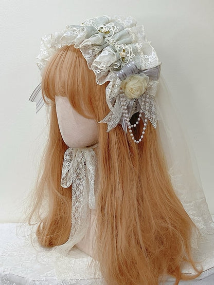 Dusty Blue Flower Bowknot Hairband with Veil