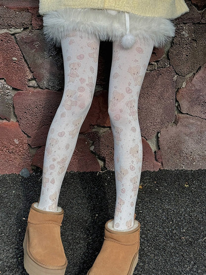 White Sweet Bear Heart Tights