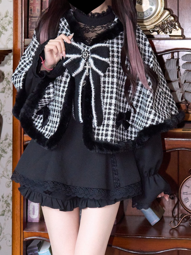 Plush Black White Plaid Cape Kei Kitty Ears Design Jirai Hood Bow Free Brooch with Trim