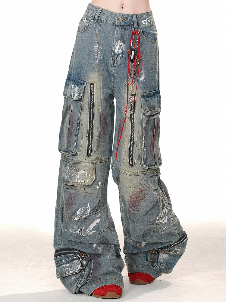 Blue with Wide-leg Cut Design Zipper Cargo Jeans Spray Paint Print