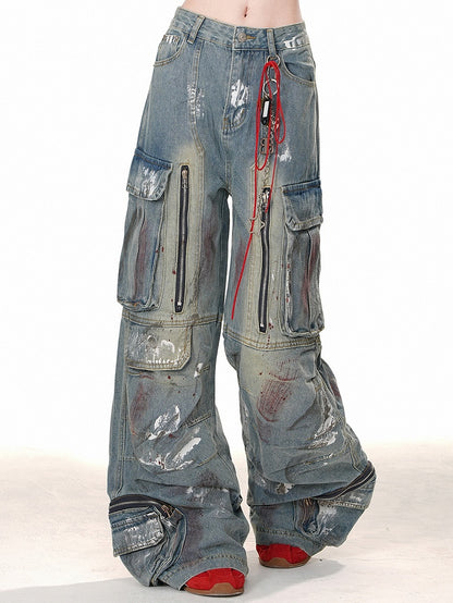 Blue with Wide-leg Cut Design Zipper Cargo Jeans Spray Paint Print