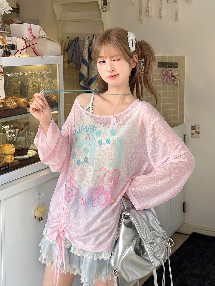 Blue/Pink Cute Semi-sheer Hem Cartoon Print Drawstring Top