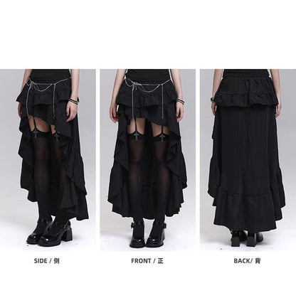 Black Cascading Flounce Trim High-low Skirt