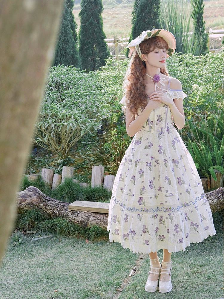 Neckline Jumper Skirt Beige Off-the-shoulder Purple Iris Embroidery