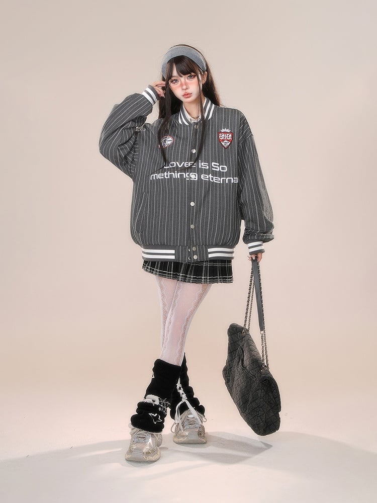 Gray White Stripe Embroidery Baseball Jacket