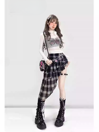 Vintage Black and White Plaid Asymmetrical Hem Glamorous High Waist Tiered Skirt