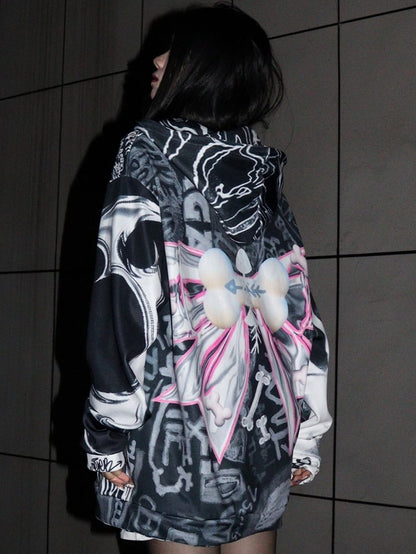 Closure Print Black Zip Letter Hoodie Pattern Bone Big Bow Gyaru Fashion