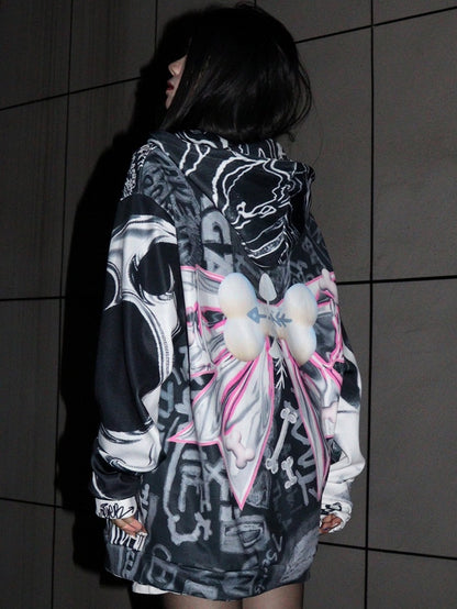 Buchstabe Schleife Schwarz Gyaru Verschluss Hoodie Zip Print Großes Muster Mode Knochen