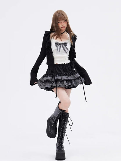Slim-fitting Black Elastic Skirt Tiered Ruffles Glamorous Waist