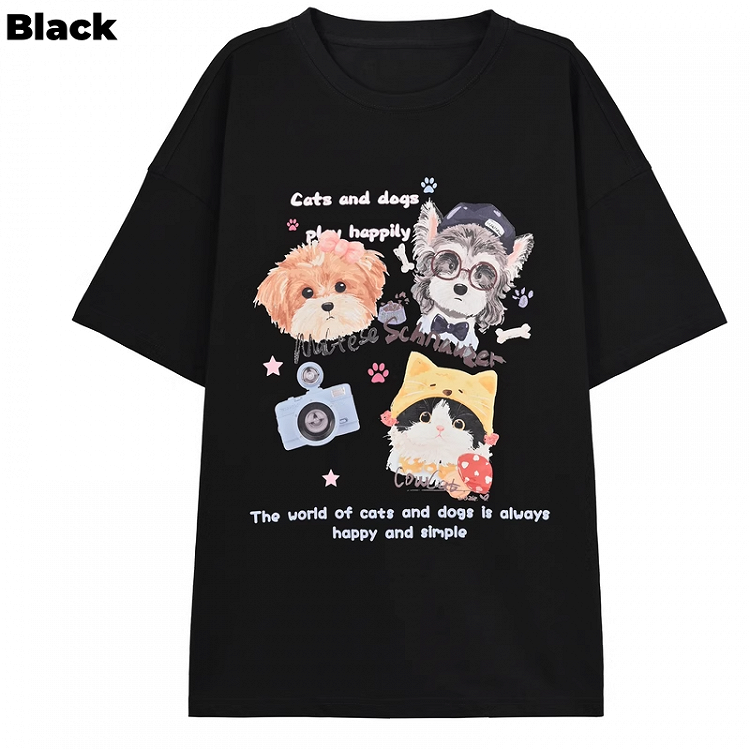 White/Black/Dark Blue Round Neck Puppy and Kitty Print Loose T-Shirt
