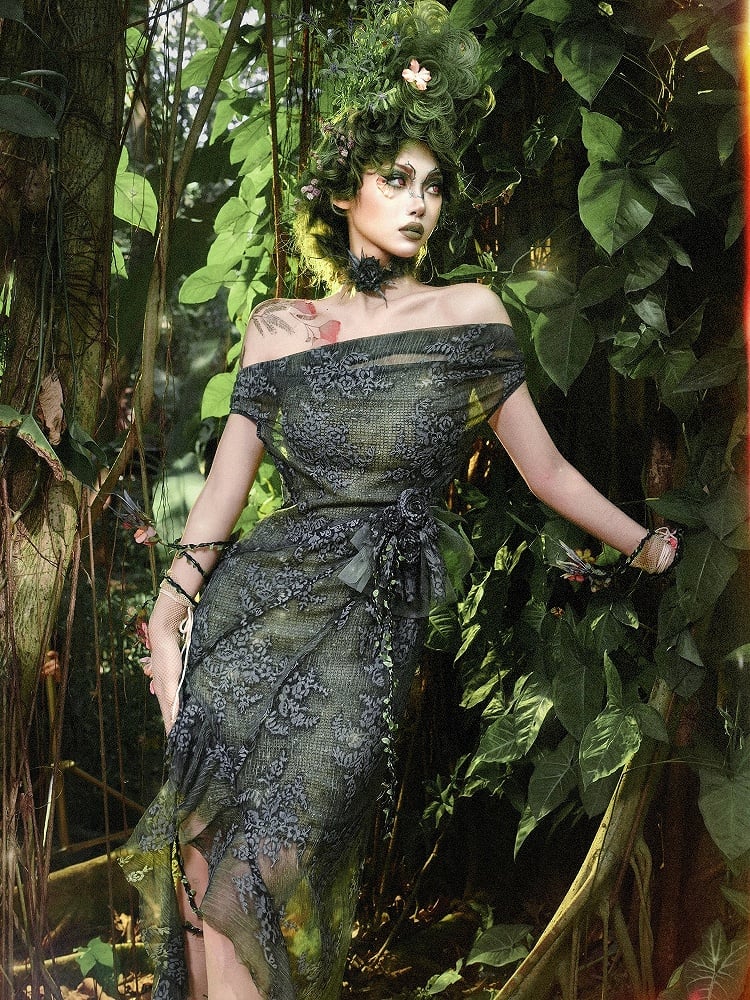 Green Cascading Fairy Forest Dress Neckline Slit Goth Off-the-shoulder Flounce