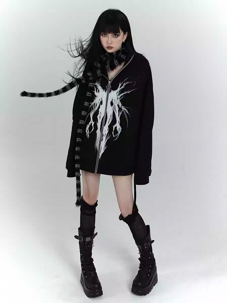 Gothic Black Zip Closure Loose Graphic Hoodie