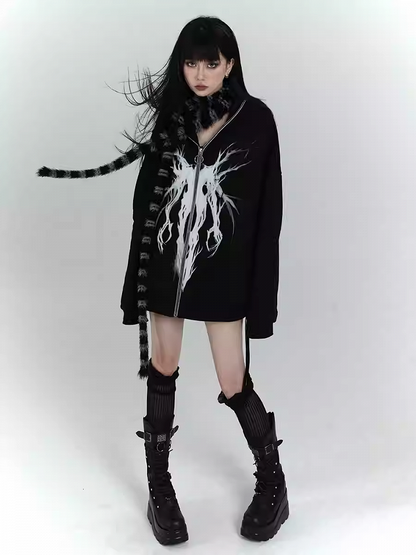 Gothic Black Zip Closure Loose Graphic Hoodie