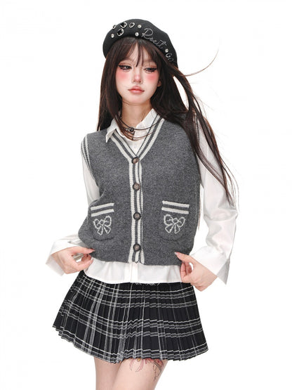 Bowknot Button Placket Preppy Style Knitted Vest