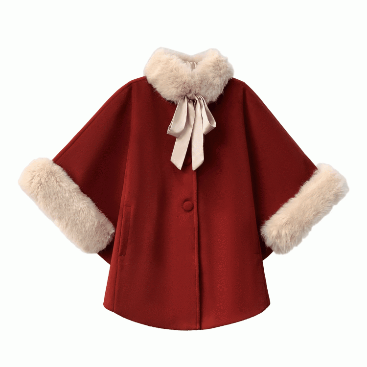 Red Wool Cape Coat with Shaggy Collar and Cuffs