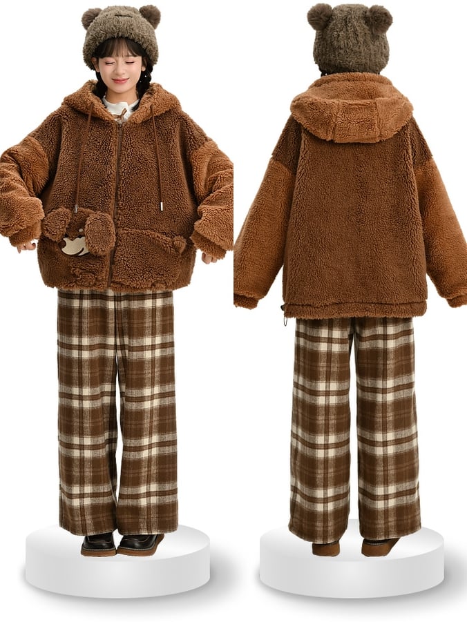 Brown Cute Puppy Pocket Design Fleece Zip Hoodie
