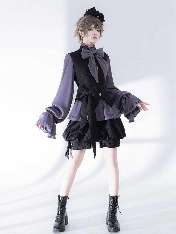 Sleeves Purple Neckline Bishop Poet Ruffle Blouse
