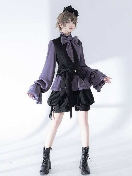Sleeves Purple Neckline Bishop Poet Ruffle Blouse