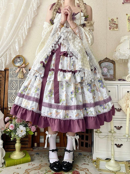 Ice Print Lolita Tiered Trimming Purple Skirt Dress Cream Blueberry Ruffle and
