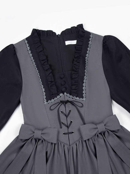Black and Gray Elegant Square Neckline Spring Long Bishop Sleeves Lolita Dress