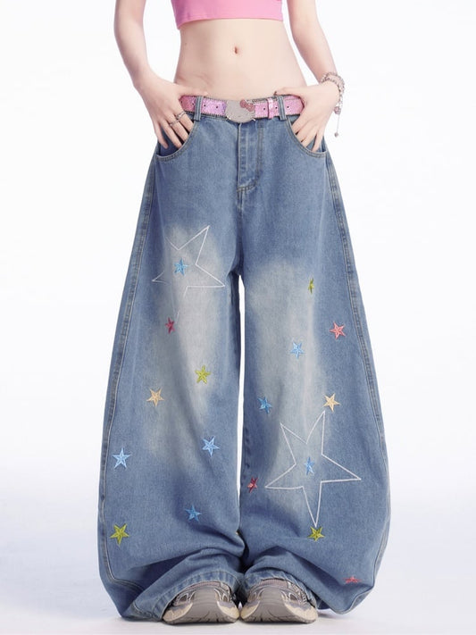 Vintage Wide-leg Jeans Rise Colorful Star Embroidery Blue Low