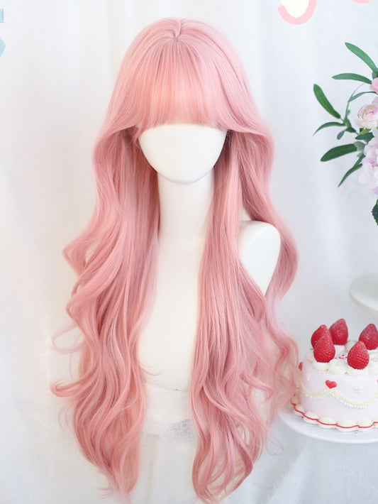 80-85cm Wavy Bangs Pink WIth Long Wig